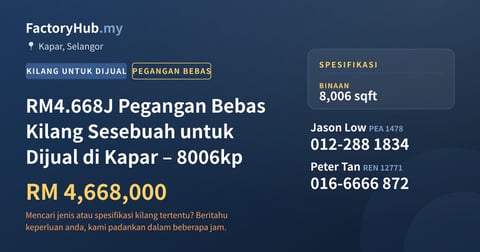 Kilang Untuk Dijual - RM4.668J Pegangan Bebas Kilang Sesebuah untuk Dijual di Kapar – 8006kp - Kapar, Selangor