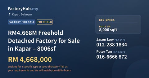 Factory For Sale - RM4.668M Freehold Detached Factory for Sale in Kapar – 8006sf - Kapar, Selangor