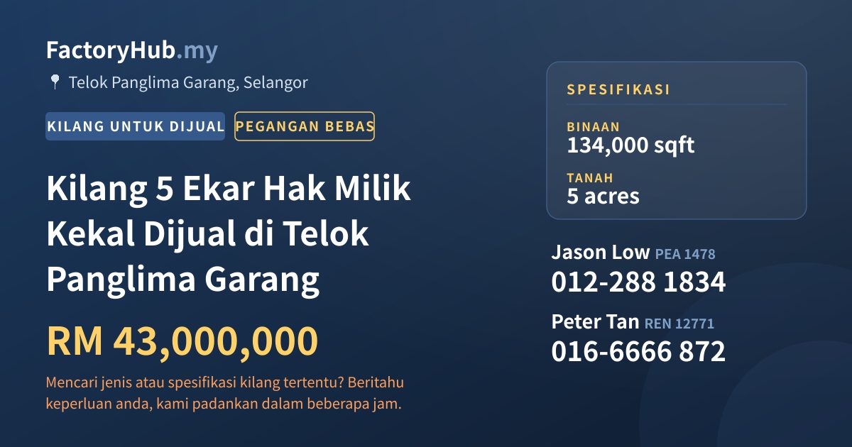 Kilang Untuk Dijual - Kilang 5 Ekar Hak Milik Kekal Dijual di Telok Panglima Garang - Telok Panglima Garang, Selangor