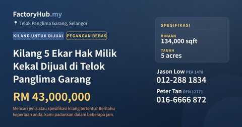 Kilang Untuk Dijual - Kilang 5 Ekar Hak Milik Kekal Dijual di Telok Panglima Garang - Telok Panglima Garang, Selangor