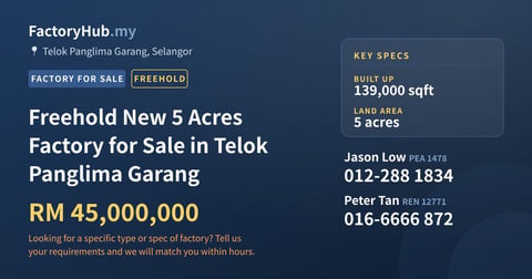 Factory For Sale - Freehold New 5 Acres Factory for Sale in Telok Panglima Garang - Telok Panglima Garang, Selangor