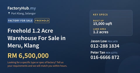 Factory For Sale - Freehold 1.2 Acre Warehouse For Sale in Meru, Klang - Port Klang, Selangor