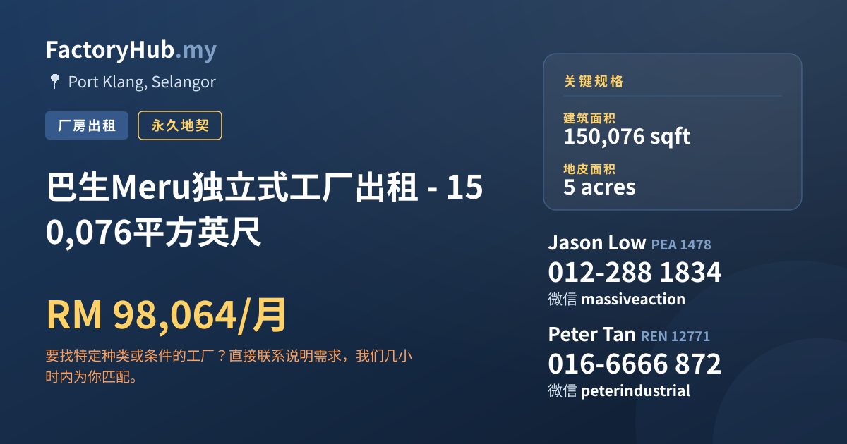 工厂 出租 - 巴生Meru独立式工厂出租 - 150,076平方英尺 - Port Klang, Selangor