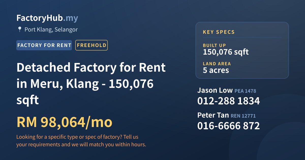 Factory For Rent - Detached Factory for Rent in Meru, Klang - 150,076 sqft - Port Klang, Selangor