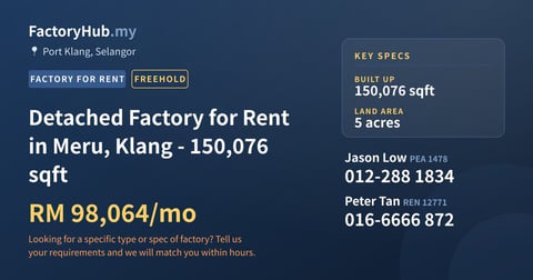 Factory For Rent - Detached Factory for Rent in Meru, Klang - 150,076 sqft - Port Klang, Selangor