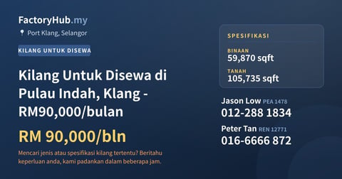Kilang Untuk Disewa - Kilang Untuk Disewa di Pulau Indah, Klang - RM90,000/bulan - Port Klang, Selangor