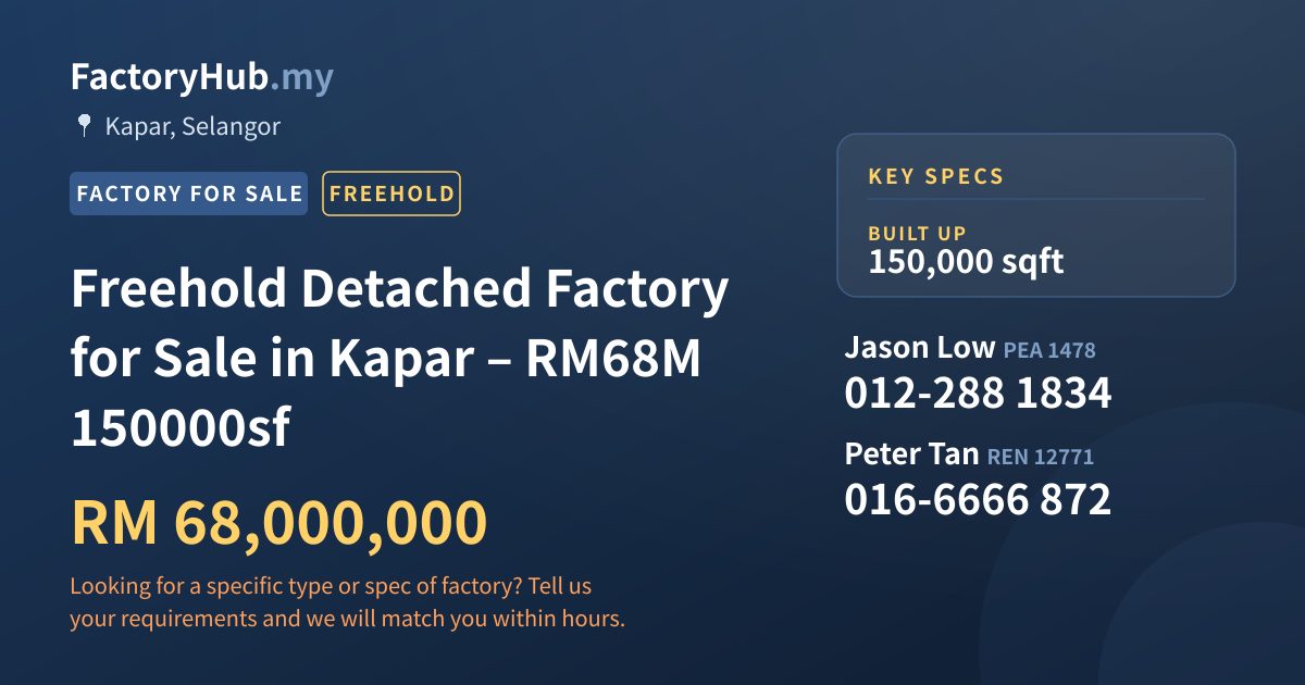 Factory For Sale - Freehold Detached Factory for Sale in Kapar – RM68M 150000sf - Kapar, Selangor