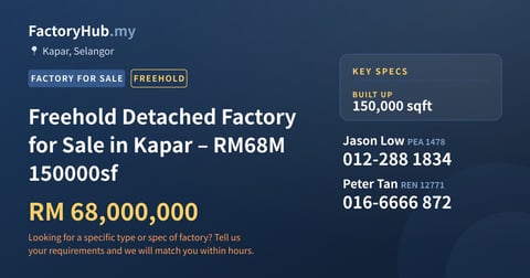 Factory For Sale - Freehold Detached Factory for Sale in Kapar – RM68M 150000sf - Kapar, Selangor
