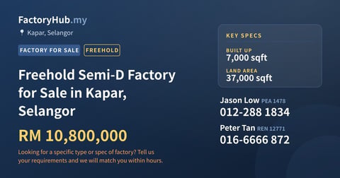 Factory For Sale - Freehold Semi-D Factory for Sale in Kapar, Selangor - Kapar, Selangor