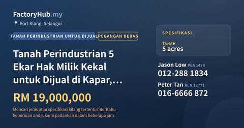Tanah Untuk Dijual - Tanah Perindustrian 5 Ekar Hak Milik Kekal untuk Dijual di Kapar, Klang - Port Klang, Selangor