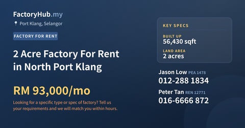 Factory For Rent - 2 Acre Factory For Rent in North Port Klang - Port Klang, Selangor