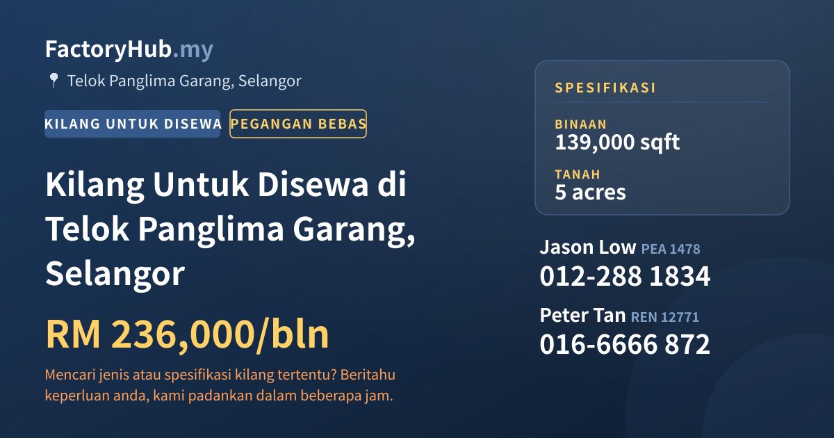 Kilang Untuk Disewa - Kilang Untuk Disewa di Telok Panglima Garang, Selangor - Telok Panglima Garang, Selangor