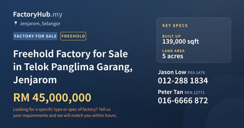 Factory For Sale - Freehold Factory for Sale in Telok Panglima Garang, Jenjarom - Jenjarom, Selangor