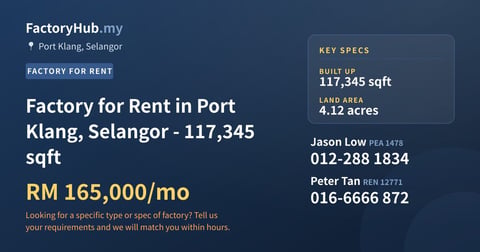 Factory For Rent - Factory for Rent in Port Klang, Selangor - 117,345 sqft - Port Klang, Selangor