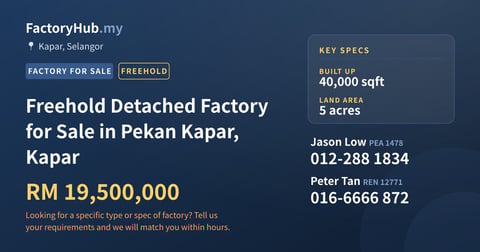 Factory For Sale - Freehold Detached Factory for Sale in Pekan Kapar, Kapar - Kapar, Selangor