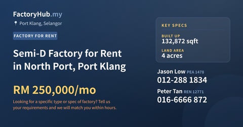 Factory For Rent - Semi-D Factory for Rent in North Port, Port Klang - Port Klang, Selangor