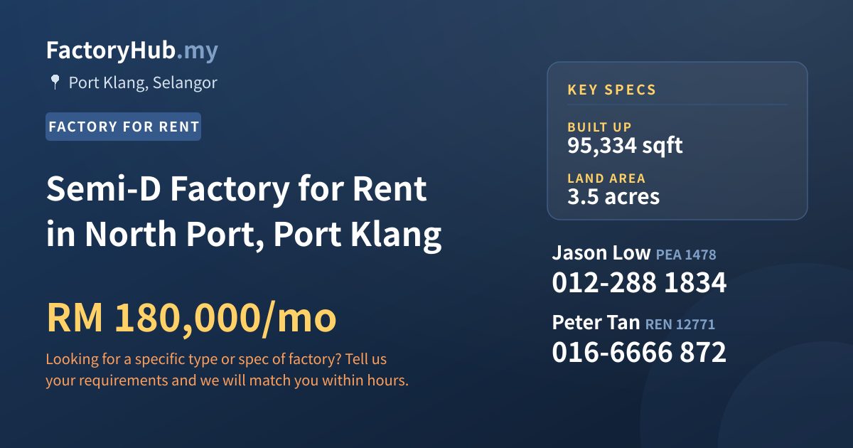 Factory For Rent - Semi-D Factory for Rent in North Port, Port Klang - Port Klang, Selangor