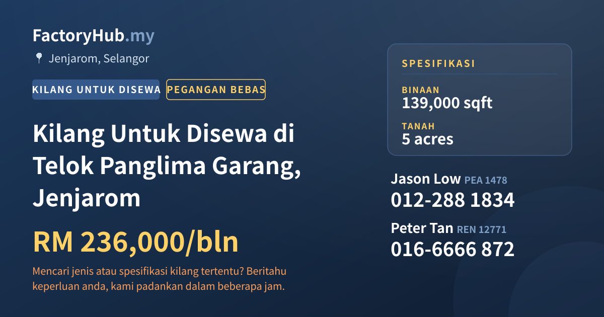 Kilang Untuk Disewa - Kilang Untuk Disewa di Telok Panglima Garang, Jenjarom - Jenjarom, Selangor