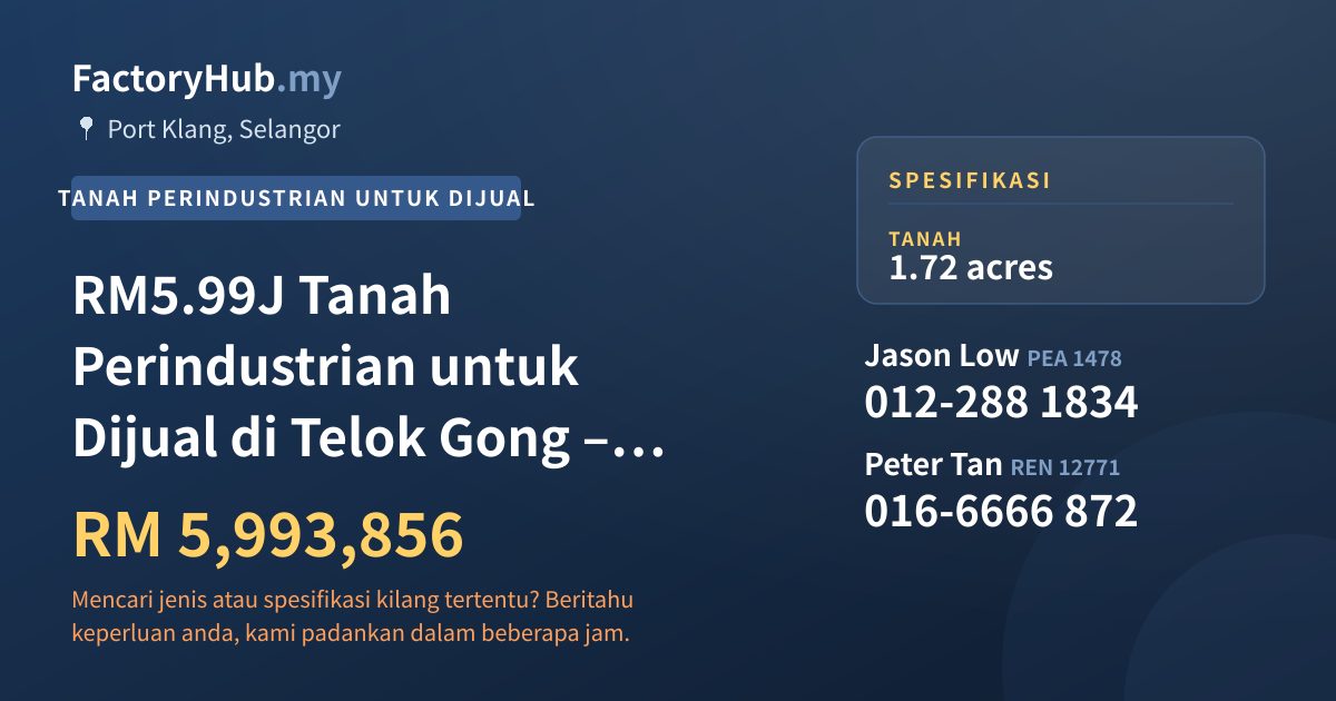 Tanah Untuk Dijual - RM5.99J Tanah Perindustrian untuk Dijual di Telok Gong – 74923kp - Port Klang, Selangor