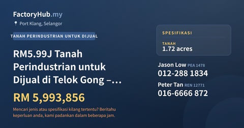 Tanah Untuk Dijual - RM5.99J Tanah Perindustrian untuk Dijual di Telok Gong – 74923kp - Port Klang, Selangor