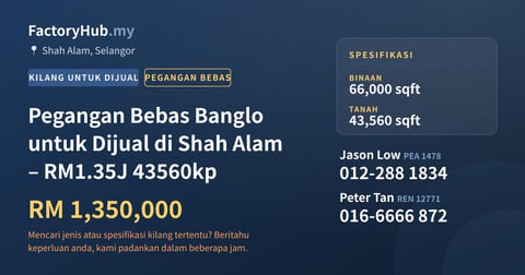 Kediaman Untuk Dijual - Pegangan Bebas Banglo untuk Dijual di Shah Alam – RM1.35J 43560kp - Shah Alam, Selangor