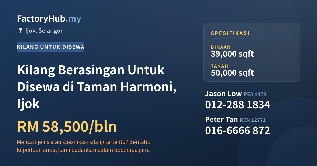 Kilang Untuk Disewa - Kilang Berasingan Untuk Disewa di Taman Harmoni, Ijok - Ijok, Selangor