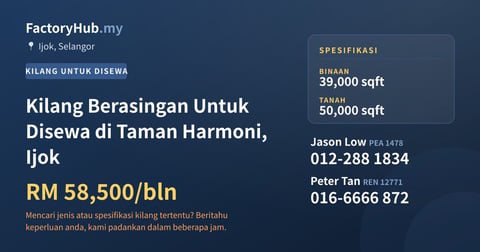 Kilang Untuk Disewa - Kilang Berasingan Untuk Disewa di Taman Harmoni, Ijok - Ijok, Selangor