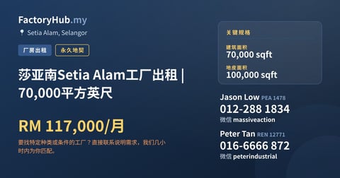 工厂 出租 - 莎亚南Setia Alam工厂出租 | 70,000平方英尺 - Setia Alam, Selangor