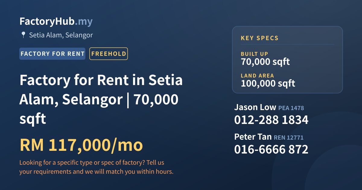 Factory For Rent - Factory for Rent in Setia Alam, Selangor | 70,000 sqft - Setia Alam, Selangor