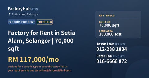 Factory For Rent - Factory for Rent in Setia Alam, Selangor | 70,000 sqft - Setia Alam, Selangor