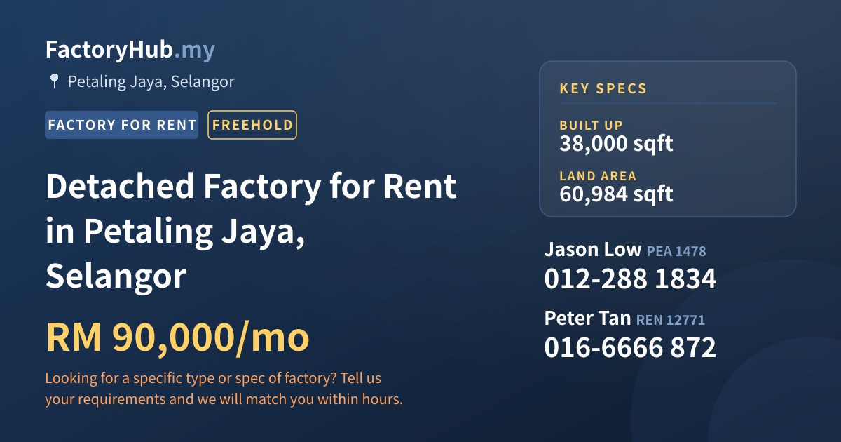 Factory For Rent - Detached Factory for Rent in Petaling Jaya, Selangor - Petaling Jaya, Selangor