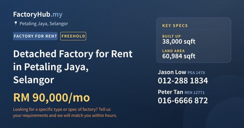 Factory For Rent - Detached Factory for Rent in Petaling Jaya, Selangor - Petaling Jaya, Selangor