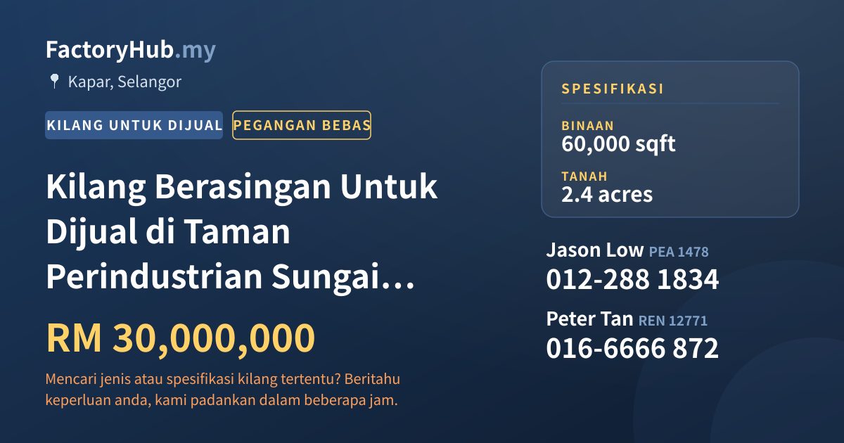 Kilang Untuk Dijual - Kilang Berasingan Untuk Dijual di Taman Perindustrian Sungai Kapar Indah - Kapar, Selangor