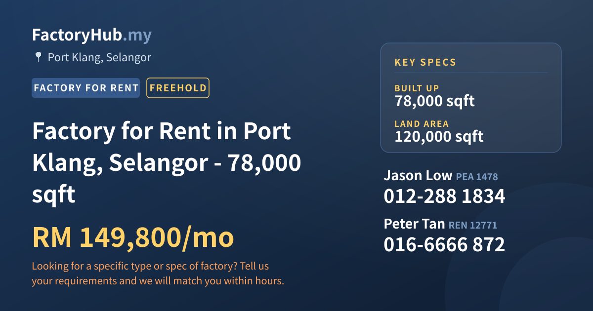 Factory For Rent - Factory for Rent in Port Klang, Selangor - 78,000 sqft - Port Klang, Selangor
