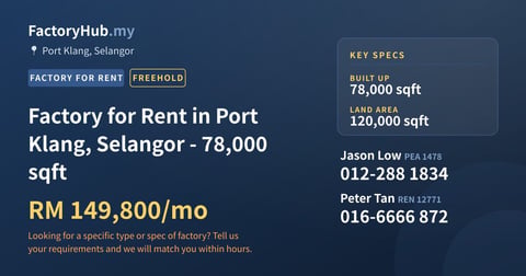 Factory For Rent - Factory for Rent in Port Klang, Selangor - 78,000 sqft - Port Klang, Selangor