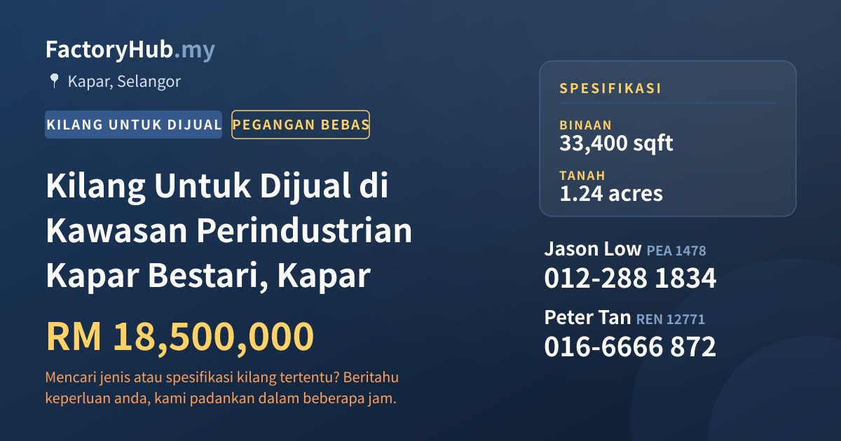 Kilang Untuk Dijual - Kilang Untuk Dijual di Kawasan Perindustrian Kapar Bestari, Kapar - Kapar, Selangor