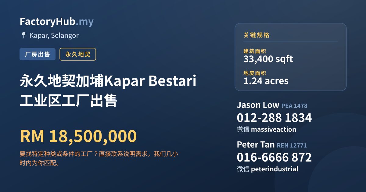 工厂 出售 - 永久地契加埔Kapar Bestari工业区工厂出售 - Kapar, Selangor