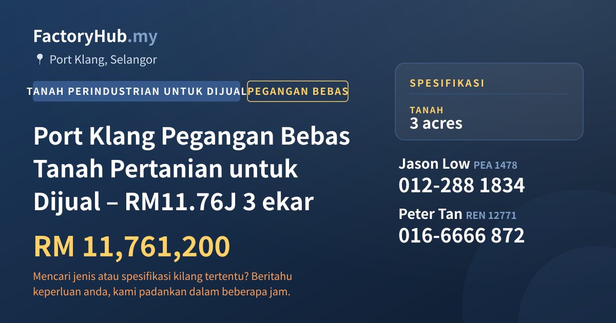Tanah Untuk Dijual - Port Klang Pegangan Bebas Tanah Pertanian untuk Dijual – RM11.76J 3 ekar - Port Klang, Selangor