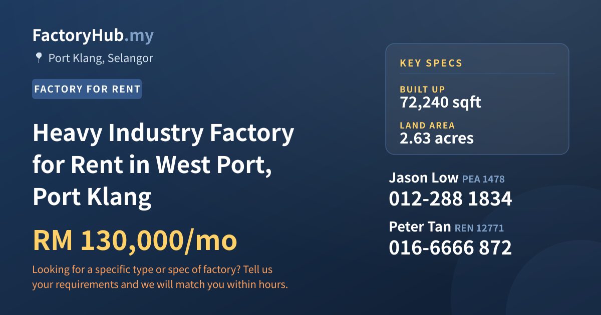 Factory For Rent - Heavy Industry Factory for Rent in West Port, Port Klang - Port Klang, Selangor
