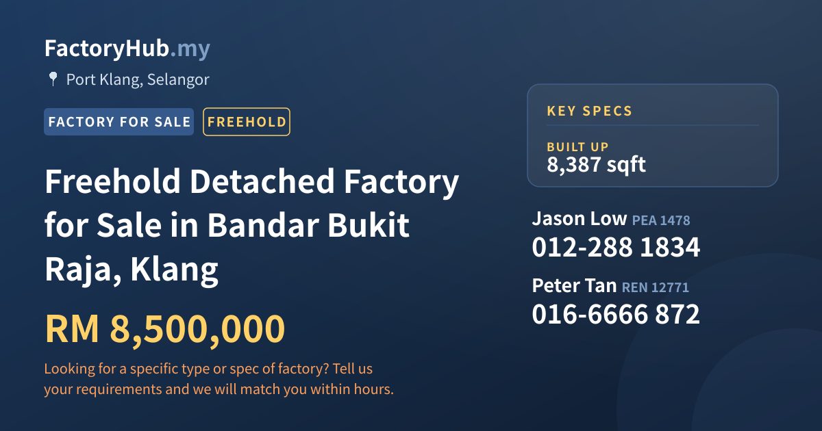 Factory For Sale - Freehold Detached Factory for Sale in Bandar Bukit Raja, Klang - Port Klang, Selangor