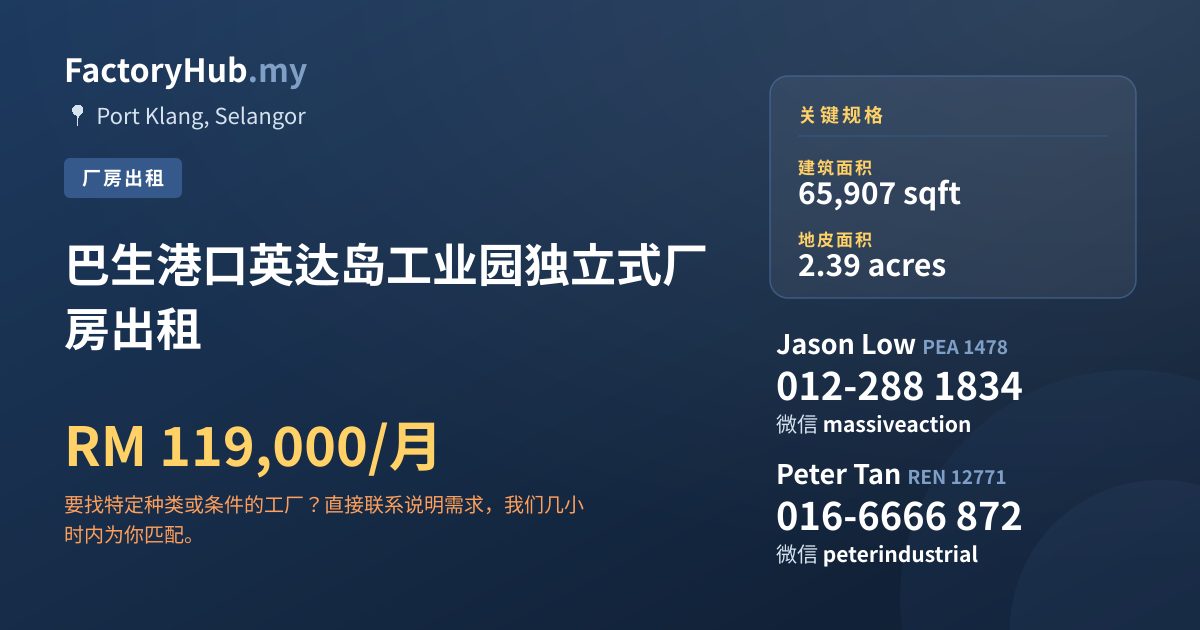 工厂 出租 - 巴生港口英达岛工业园独立式厂房出租 - Port Klang, Selangor