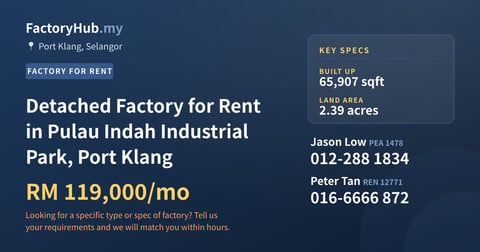 Factory For Rent - Detached Factory for Rent in Pulau Indah Industrial Park, Port Klang - Port Klang, Selangor