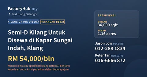 Kilang Untuk Disewa - Semi-D Kilang Untuk Disewa di Kapar Sungai Indah, Klang - Port Klang, Selangor