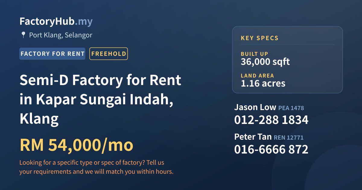 Factory For Rent - Semi-D Factory for Rent in Kapar Sungai Indah, Klang - Port Klang, Selangor