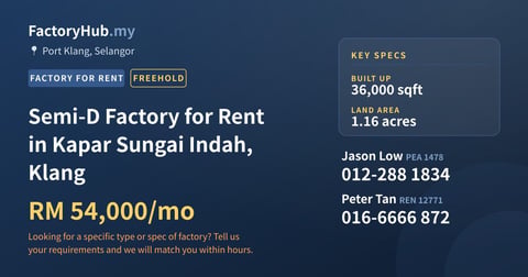 Factory For Rent - Semi-D Factory for Rent in Kapar Sungai Indah, Klang - Port Klang, Selangor