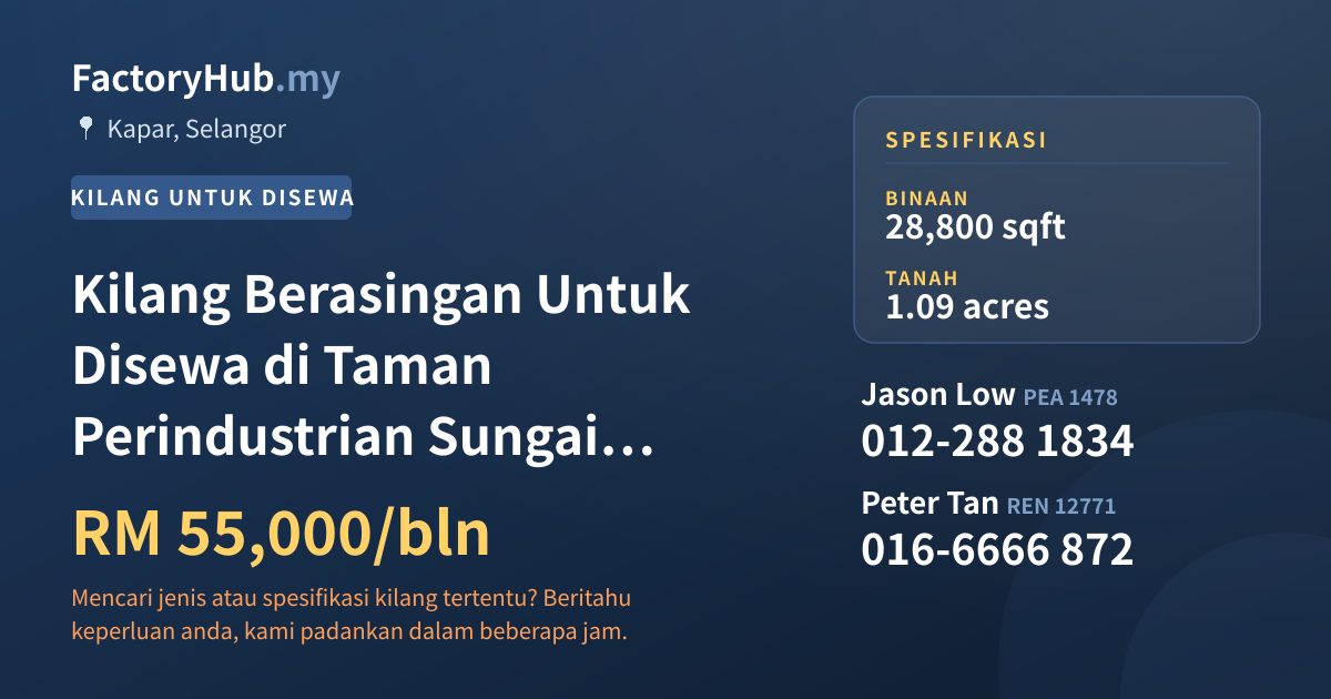 Kilang Untuk Disewa - Kilang Berasingan Untuk Disewa di Taman Perindustrian Sungai Kapar Indah - Kapar, Selangor