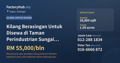 Kilang Untuk Disewa - Kilang Berasingan Untuk Disewa di Taman Perindustrian Sungai Kapar Indah - Kapar, Selangor