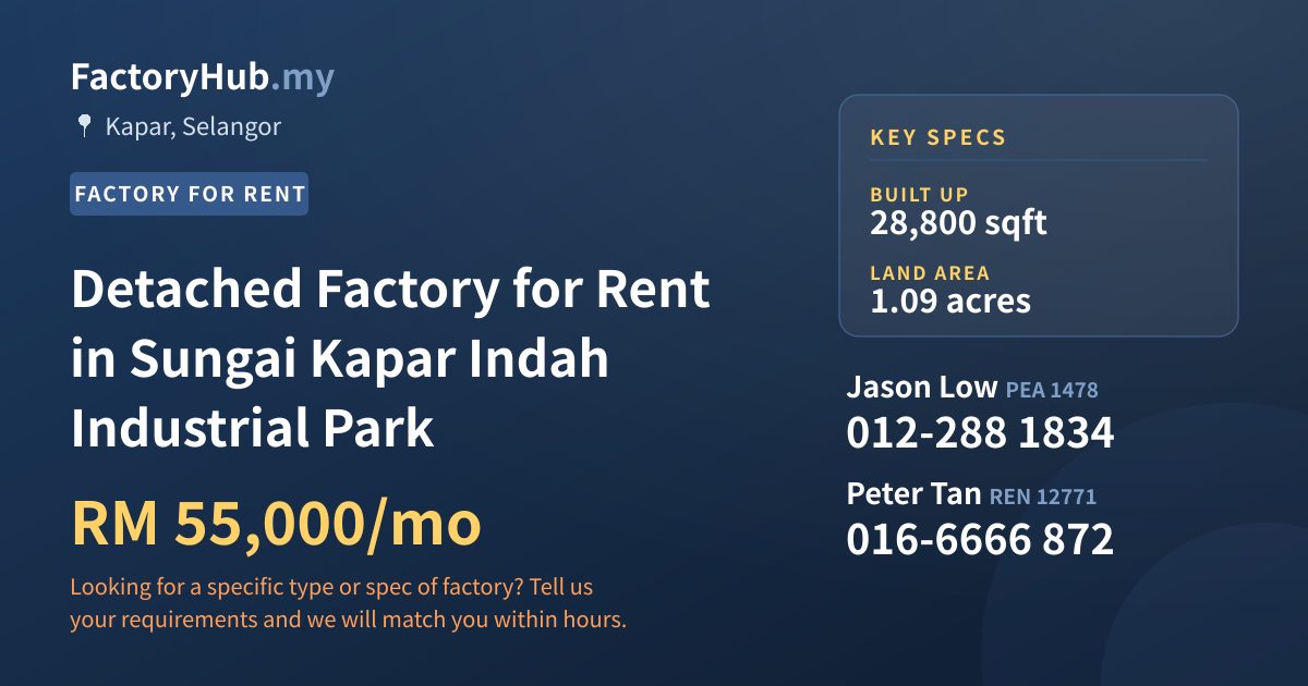 Factory For Rent - Detached Factory for Rent in Sungai Kapar Indah Industrial Park - Kapar, Selangor