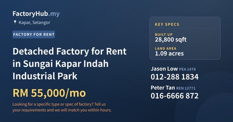 Factory For Rent - Detached Factory for Rent in Sungai Kapar Indah Industrial Park - Kapar, Selangor
