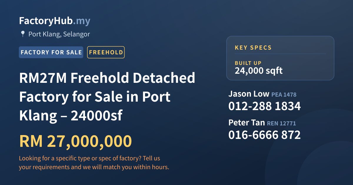 Factory For Sale - RM27M Freehold Detached Factory for Sale in Port Klang – 24000sf - Port Klang, Selangor